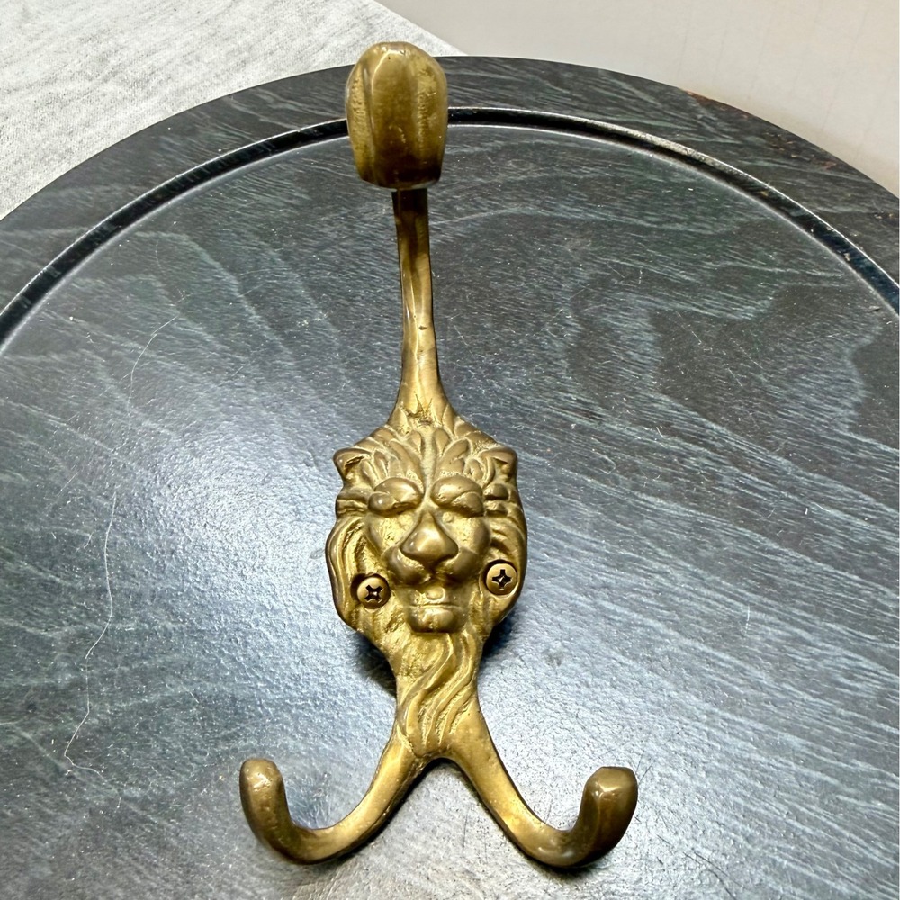 VTG Solid Brass Lion Head Wall Hook Triple Coat Hat Rack Regency Gold Hardware